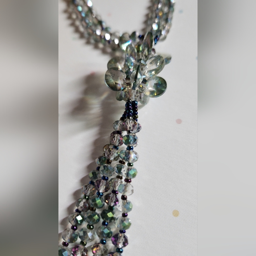 Vintage 1950s Aurora Borealis Crystal Lariat Necklace – Hand-Knotted Tassel 20”